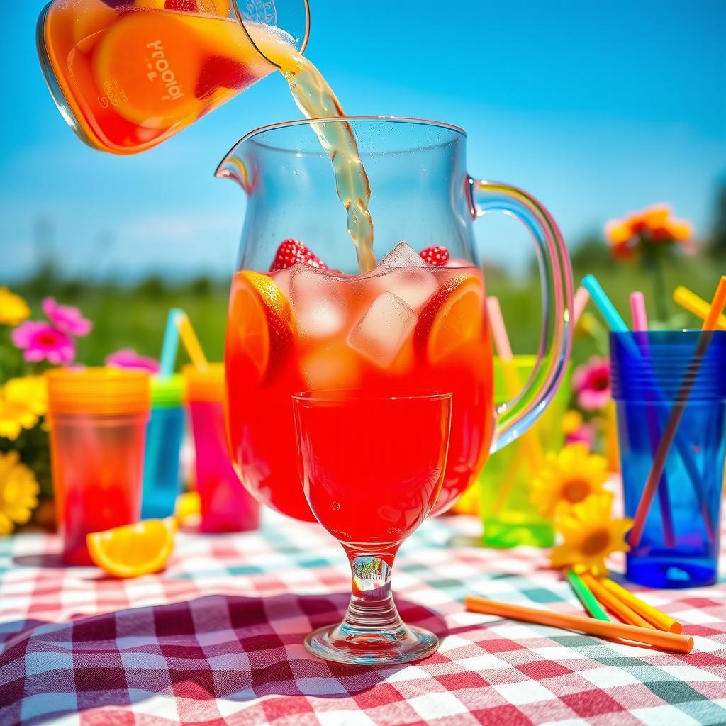 A bright and colorful scene featuring a large pitcher of vibrant Kool-Aid, filled with ice cubes and fresh fruit slices like oranges and strawberries
