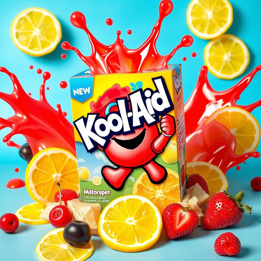 An artistic representation of a classic Kool-Aid box in a vibrant and colorful design, featuring the iconic Kool-Aid Man character bursting through the packaging