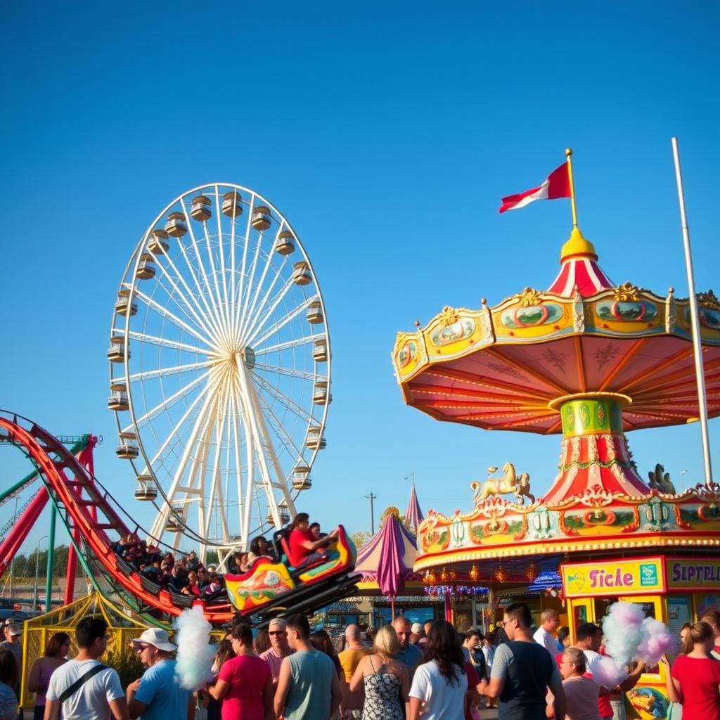 A lively and colorful amusement park scene featuring a bustling carnival atmosphere