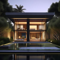 Design a two-story modern minimalist villa on a 100 square meter plot near Panai. Features include an infinity pool, a rooftop open-space relaxation area, a living room for socializing, a car port on the first floor, and a bathroom on each floor with two bedrooms.