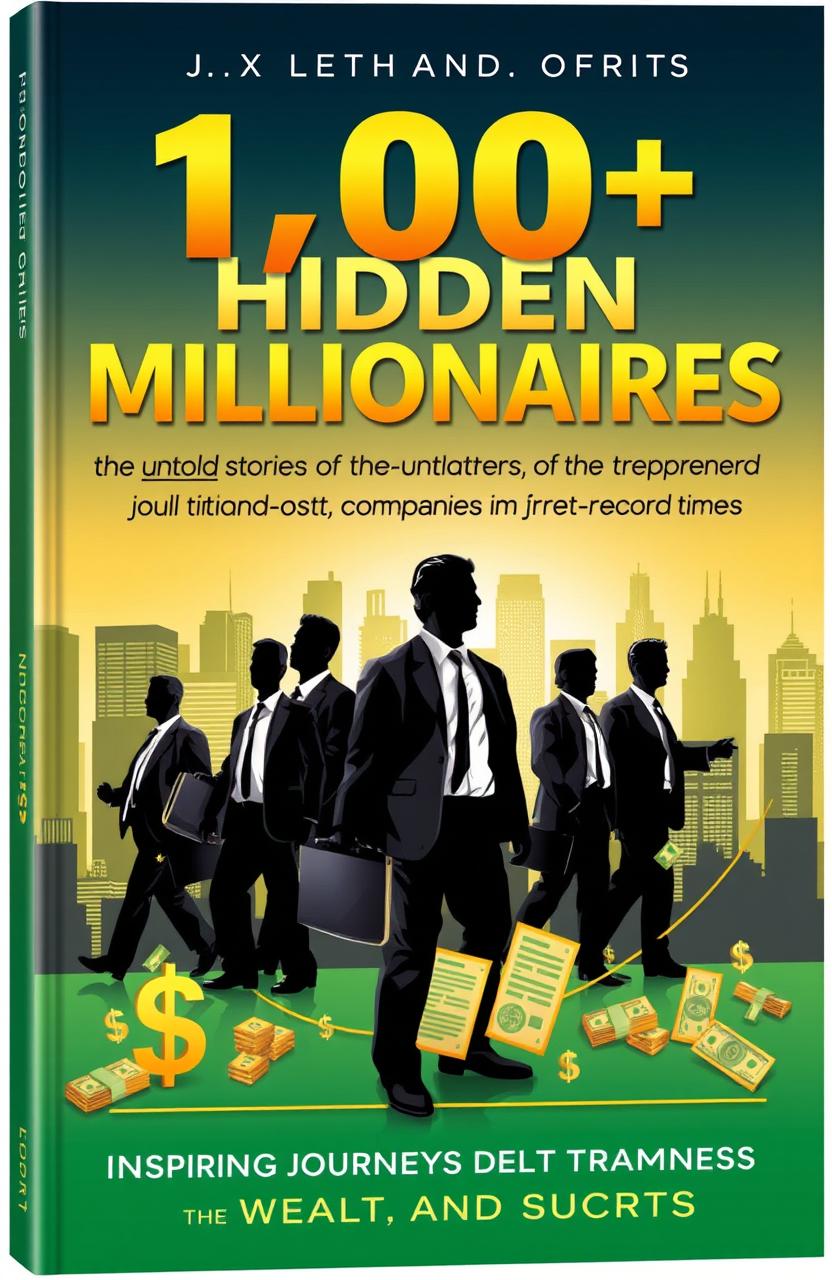 A compelling book cover design titled '1,000+ Hidden Millionaires: The Untold Stories of Entrepreneurs Who Built and Sold Companies in Record Times'