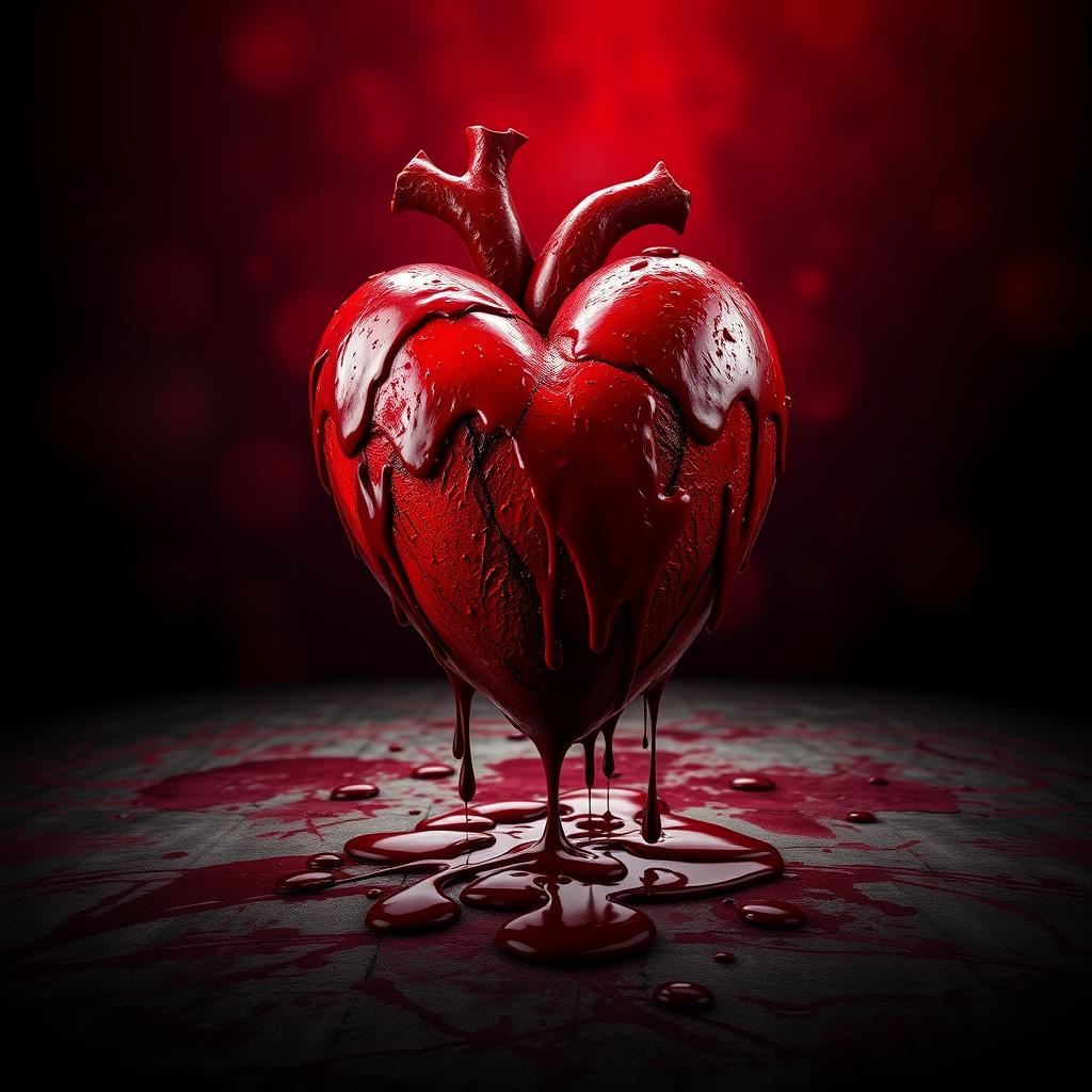 A striking image featuring a large bloody heart at the center, set against a realistic red and black background