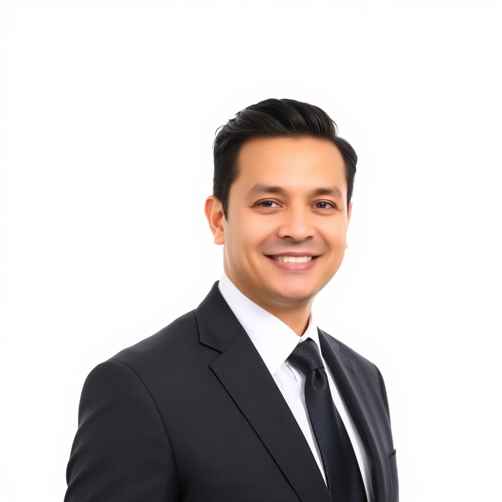 A passport size photograph featuring an adult wearing a formal black suit and tie, standing against a pure white background, looking confidently at the camera