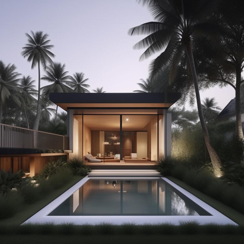 Design a two-story modern minimalist villa on a 100 square meter plot near Panai. Features include an infinity pool, a rooftop open-space relaxation area, a living room for socializing, a car port on the first floor, and a bathroom on each floor with two bedrooms.