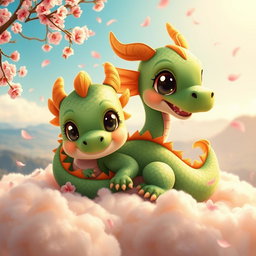 A cute baby dragon inspired by Chinese mythology, featuring vibrant green scales and large, expressive eyes