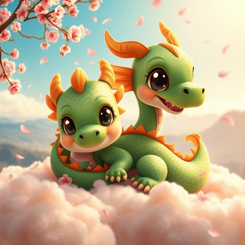 A cute baby dragon inspired by Chinese mythology, featuring vibrant green scales and large, expressive eyes