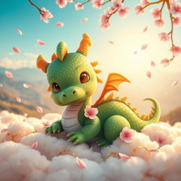 A cute baby dragon inspired by Chinese mythology, featuring vibrant green scales and large, expressive eyes