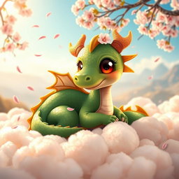A cute baby dragon inspired by Chinese mythology, featuring vibrant green scales and large, expressive eyes