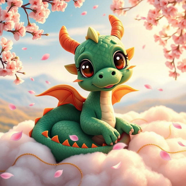 A cute baby dragon inspired by Chinese mythology, featuring vibrant green scales and large, expressive eyes