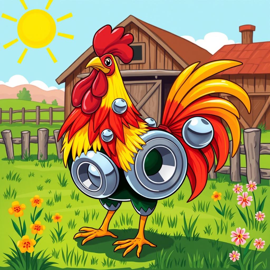 A whimsical and colorful illustration of a rooster designed with oversized ball bearings as part of its body structure