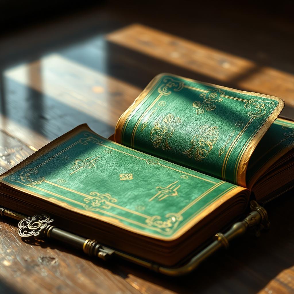 An ancient, beautifully textured emerald green book lying open on a weathered wooden table