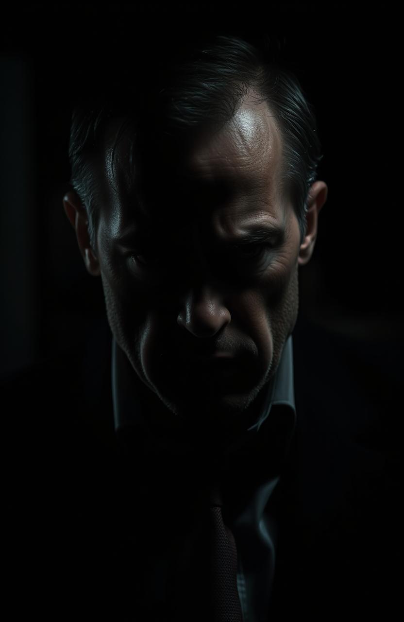 A dark and moody atmosphere representing a serious and cold man, embodying detachment and a lack of feelings towards others