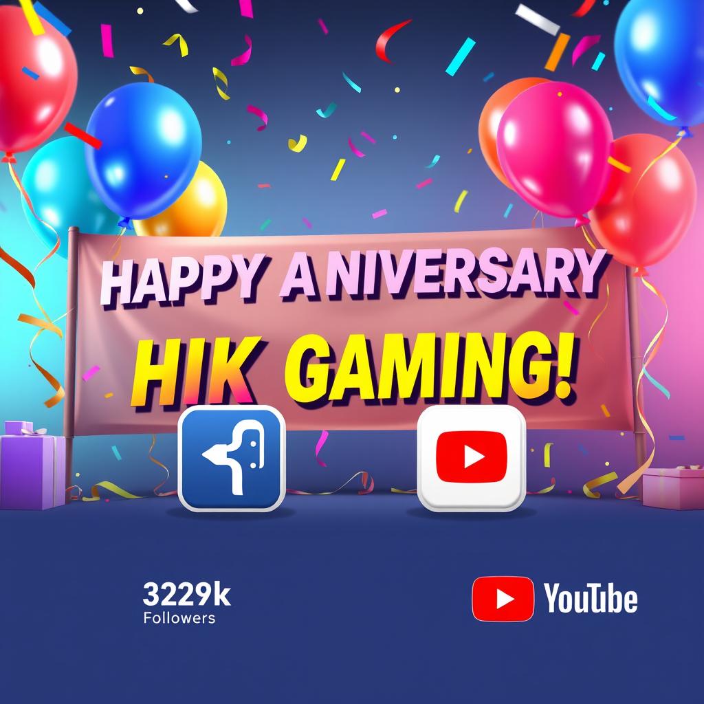 A celebratory digital artwork for the anniversary of HIK Gaming, featuring vibrant and festive elements