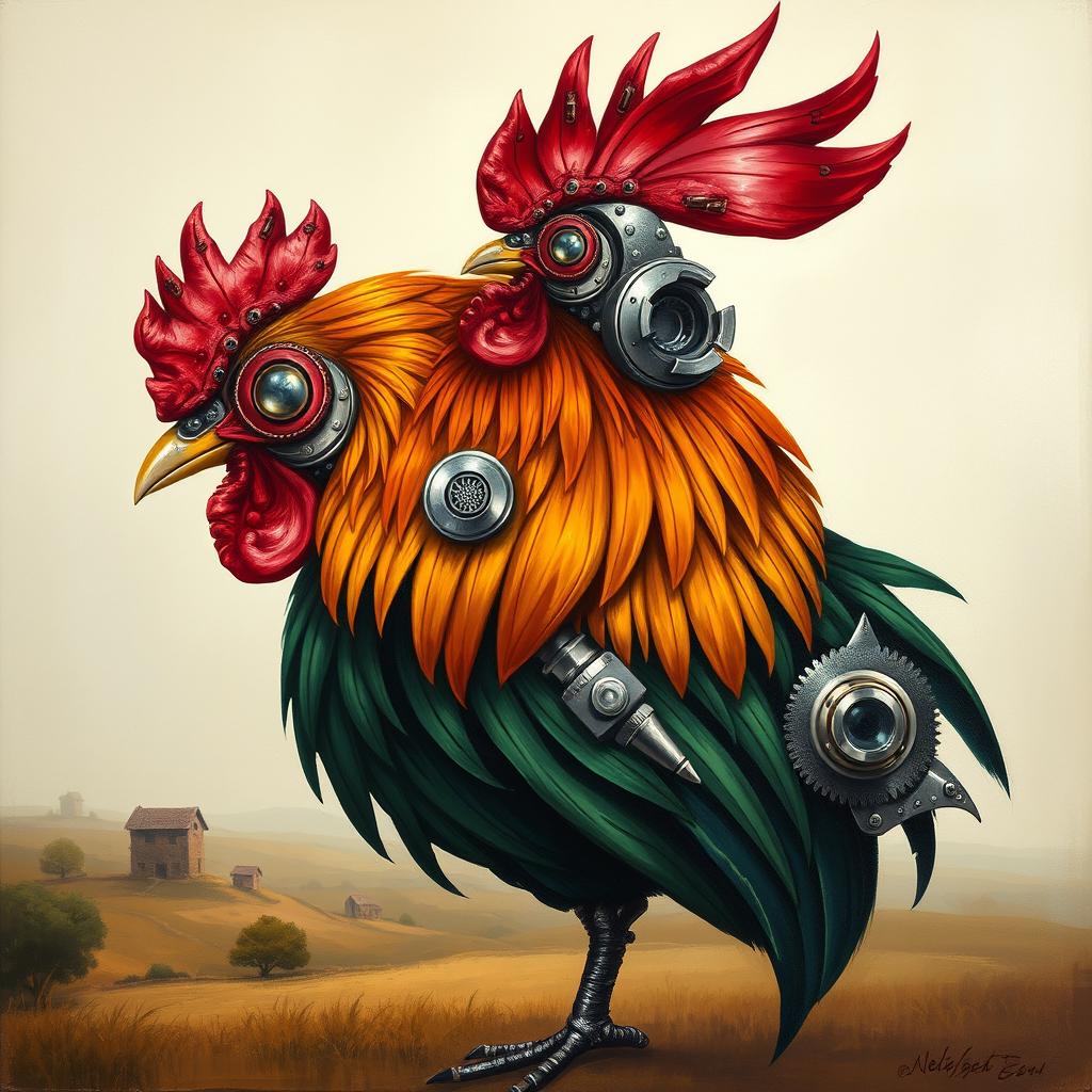 A side profile painting of a rooster featuring an artistic blend of mechanical elements