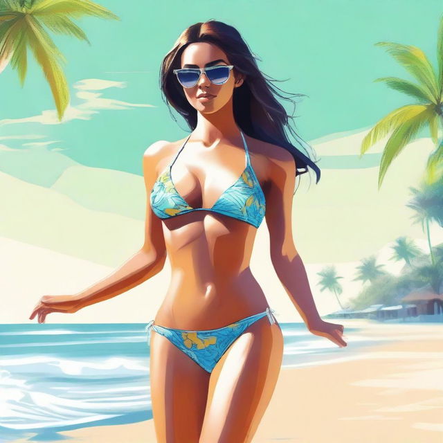 A digital art image of a young woman in a stylish bikini, standing by a beach