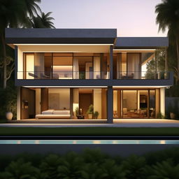 Design a two-story modern minimalist villa on a 100 square meter plot near Panai. Features include an infinity pool, a rooftop open-space relaxation area, a living room for socializing, a car port on the first floor, and a bathroom on each floor with two bedrooms.