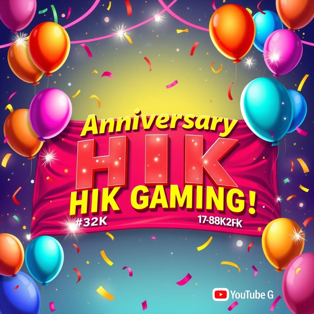 A vibrant and festive digital illustration celebrating the anniversary of HIK Gaming, created by Hashano G