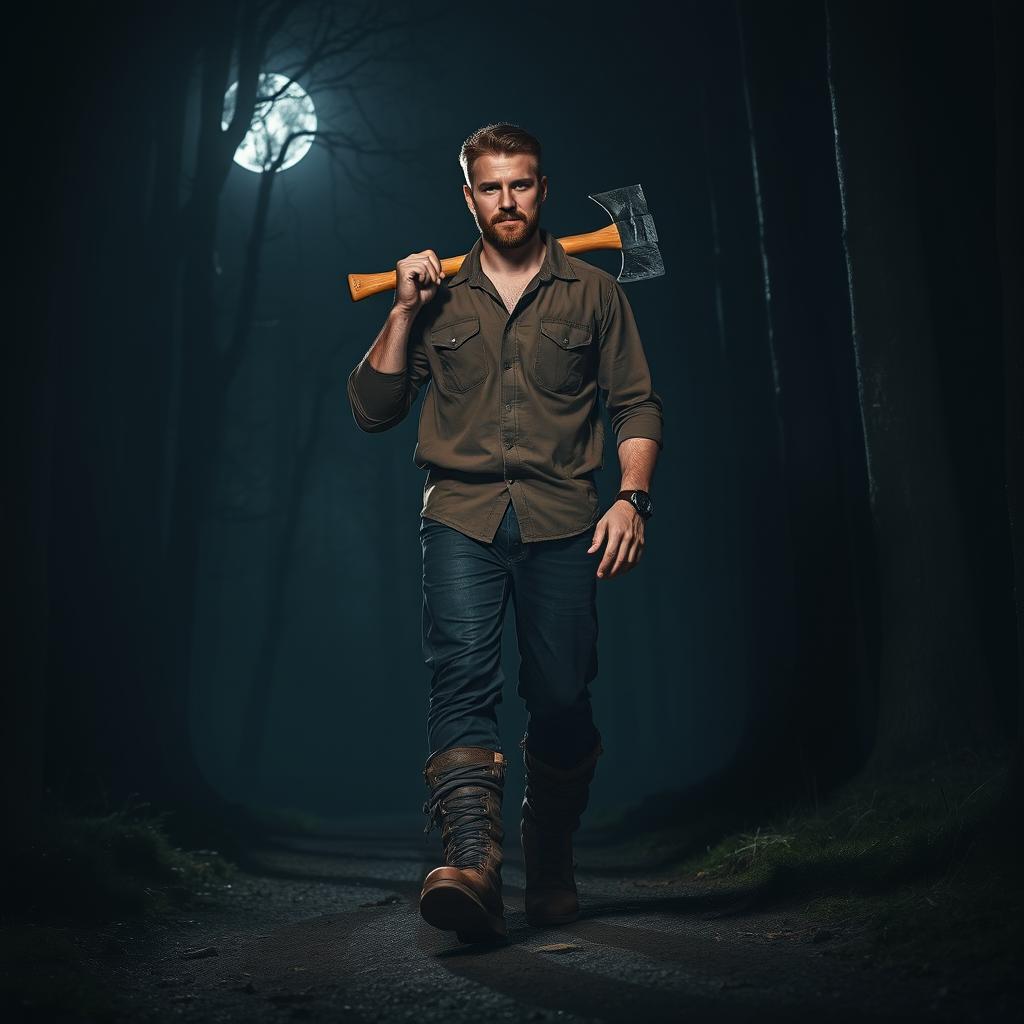 A tall, strong man walking confidently into a dark forest at night