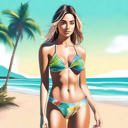 A digital art image of a young woman in a stylish bikini, standing by a beach