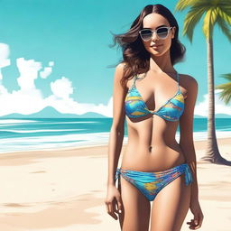 A digital art image of a young woman in a stylish bikini, standing by a beach