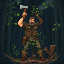 A tall, strong woodcutter with a brown shirt and rough boots, standing confidently in front of a small, healthy tree, raising his axe high to chop it down