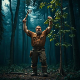 A tall, strong woodcutter with a brown shirt and rough boots, standing confidently in front of a small, healthy tree, raising his axe high to chop it down
