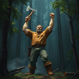A tall, strong woodcutter with a brown shirt and rough boots, standing confidently in front of a small, healthy tree, raising his axe high to chop it down