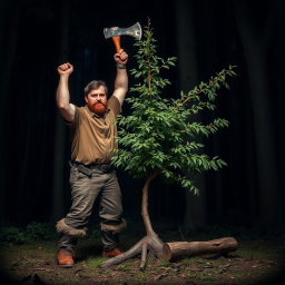 A tall, strong woodcutter with a brown shirt and rough boots, standing confidently in front of a small, healthy tree, raising his axe high to chop it down