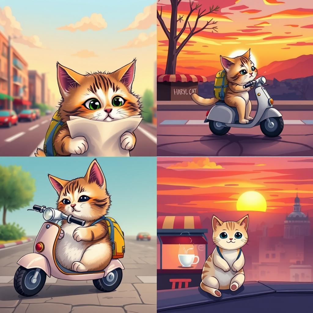 A chubby cat wearing a colorful backpack, curiously looking at a tiny paper map spread before it, with its big eyes wide open