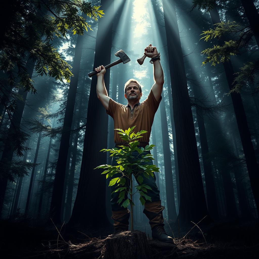 A tall, strong woodcutter wearing a brown shirt and rough boots stands in front of a small, healthy tree, raising his axe above his head, ready to cut it down