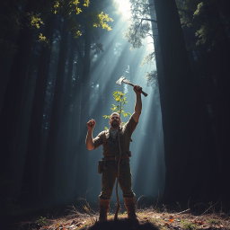 A tall, strong woodcutter wearing a brown shirt and rough boots stands in front of a small, healthy tree, raising his axe above his head, ready to cut it down