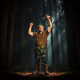 A tall, strong woodcutter wearing a brown shirt and rough boots stands in front of a small, healthy tree, raising his axe above his head, ready to cut it down