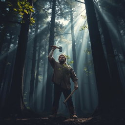 A tall, strong woodcutter wearing a brown shirt and rough boots stands in front of a small, healthy tree, raising his axe above his head, ready to cut it down