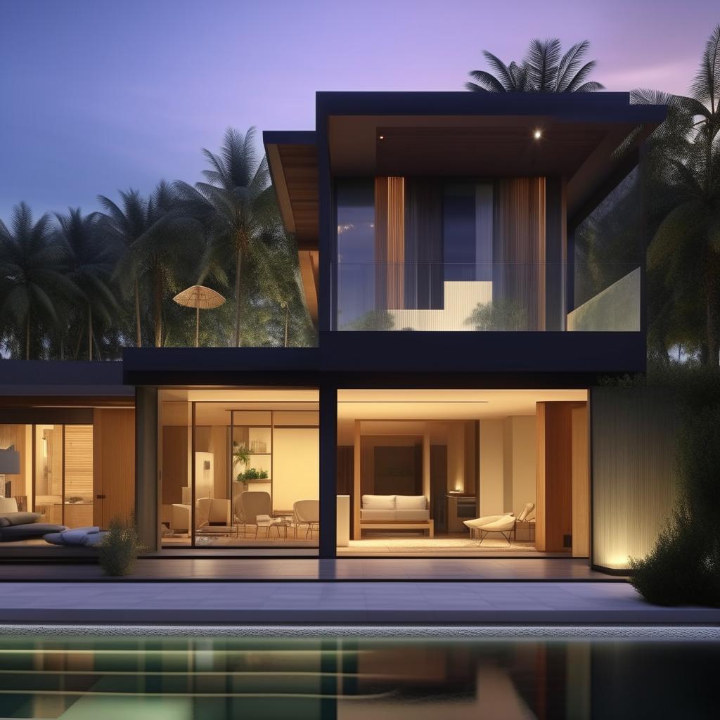 Design a two-story modern minimalist villa on a 100 square meter plot near Panai. Features include an infinity pool, a rooftop open-space relaxation area, a living room for socializing, a car port on the first floor, and a bathroom on each floor with two bedrooms.