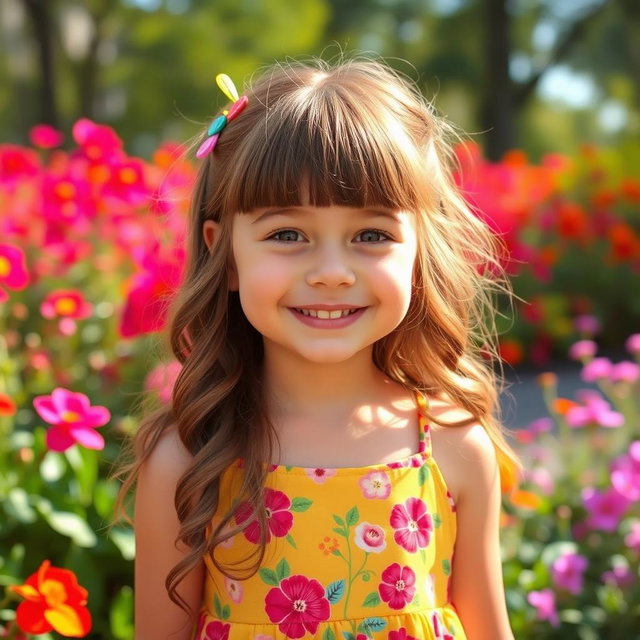 A cute girl with bangs, smiling cheerfully