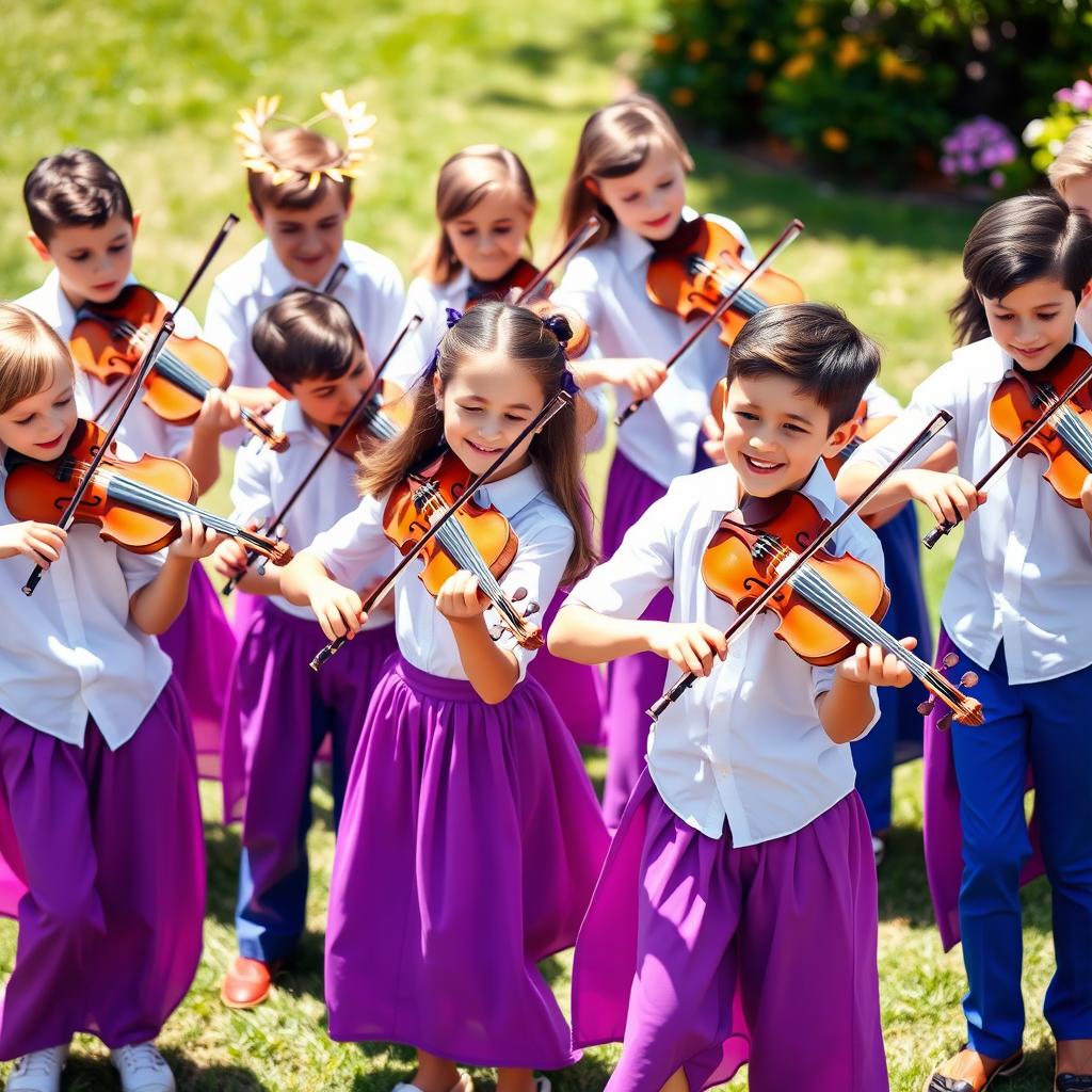 A vibrant group of boys and girls playing violins, all wearing crisp white shirts