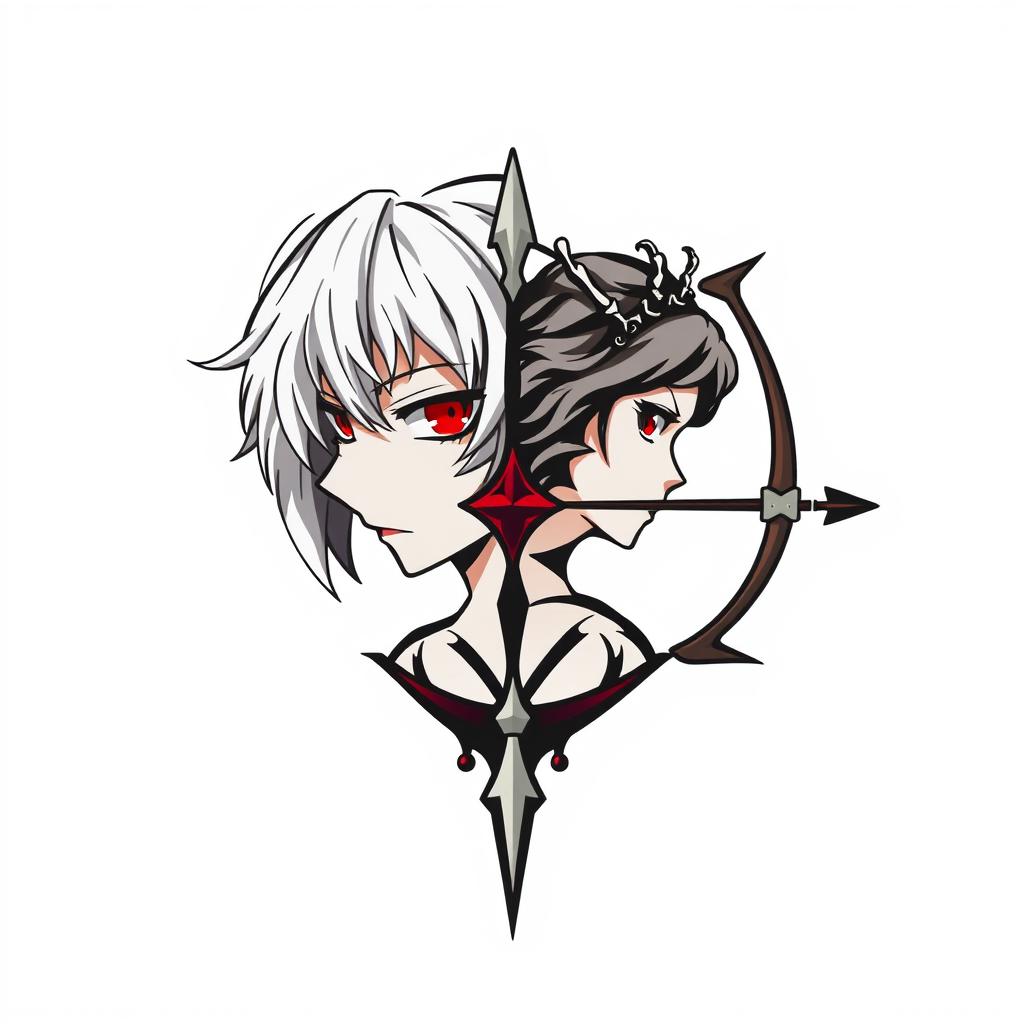 A unique and captivating logo design that creatively merges two iconic characters: Juuzou Suzuya from Tokyo Ghoul, known for his distinctive silver hair, striking red eyes, and playful demeanor, with Artemis, the Greek goddess of the hunt, depicted with a bow and arrow