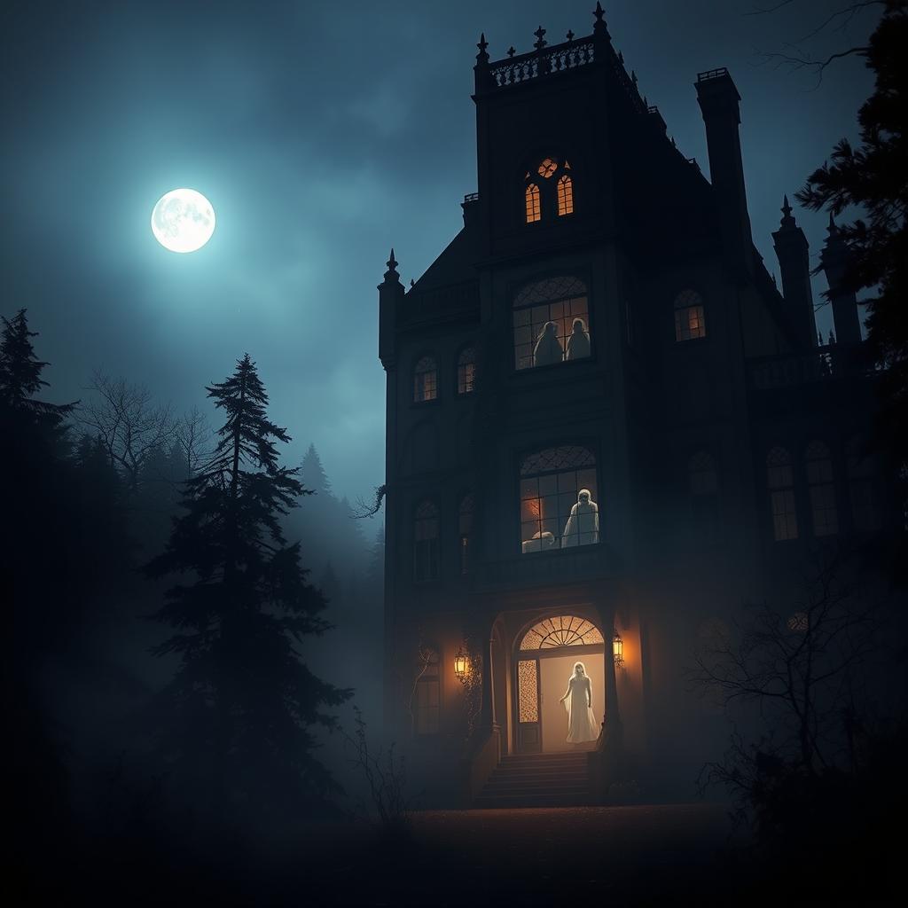 A large, eerie mansion surrounded by a misty forest at twilight