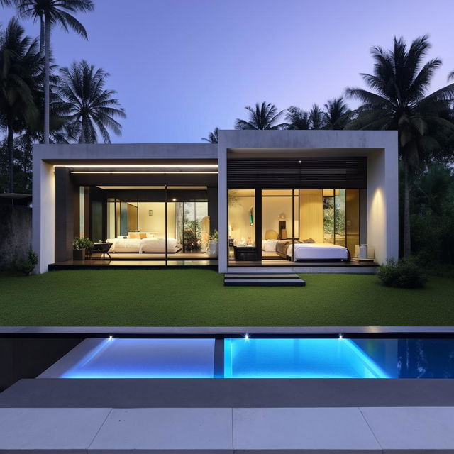 Design a two-story modern minimalist villa on a 100 square meter plot near Panai. Features include an infinity pool, a rooftop open-space relaxation area, a living room for socializing, a car port on the first floor, and a bathroom on each floor with two bedrooms.