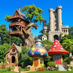 A series of large and unusual houses designed for giants, each showcasing unique architectural styles
