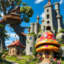 A series of large and unusual houses designed for giants, each showcasing unique architectural styles