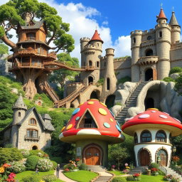 A series of large and unusual houses designed for giants, each showcasing unique architectural styles