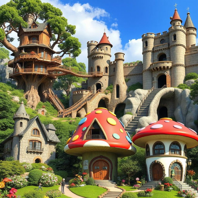 A series of large and unusual houses designed for giants, each showcasing unique architectural styles