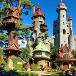 A series of large and unusual houses designed for giants, each showcasing unique architectural styles