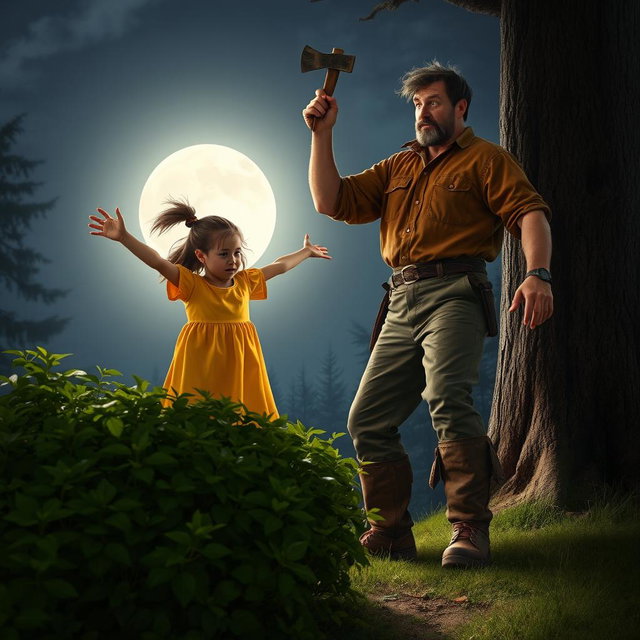 A dramatic scene featuring a girl named Lily wearing a bright yellow dress, leaping out from behind a lush bush with her arms extended outwards, aiming to block a woodcutter