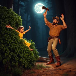 A dramatic scene featuring a girl named Lily wearing a bright yellow dress, leaping out from behind a lush bush with her arms extended outwards, aiming to block a woodcutter