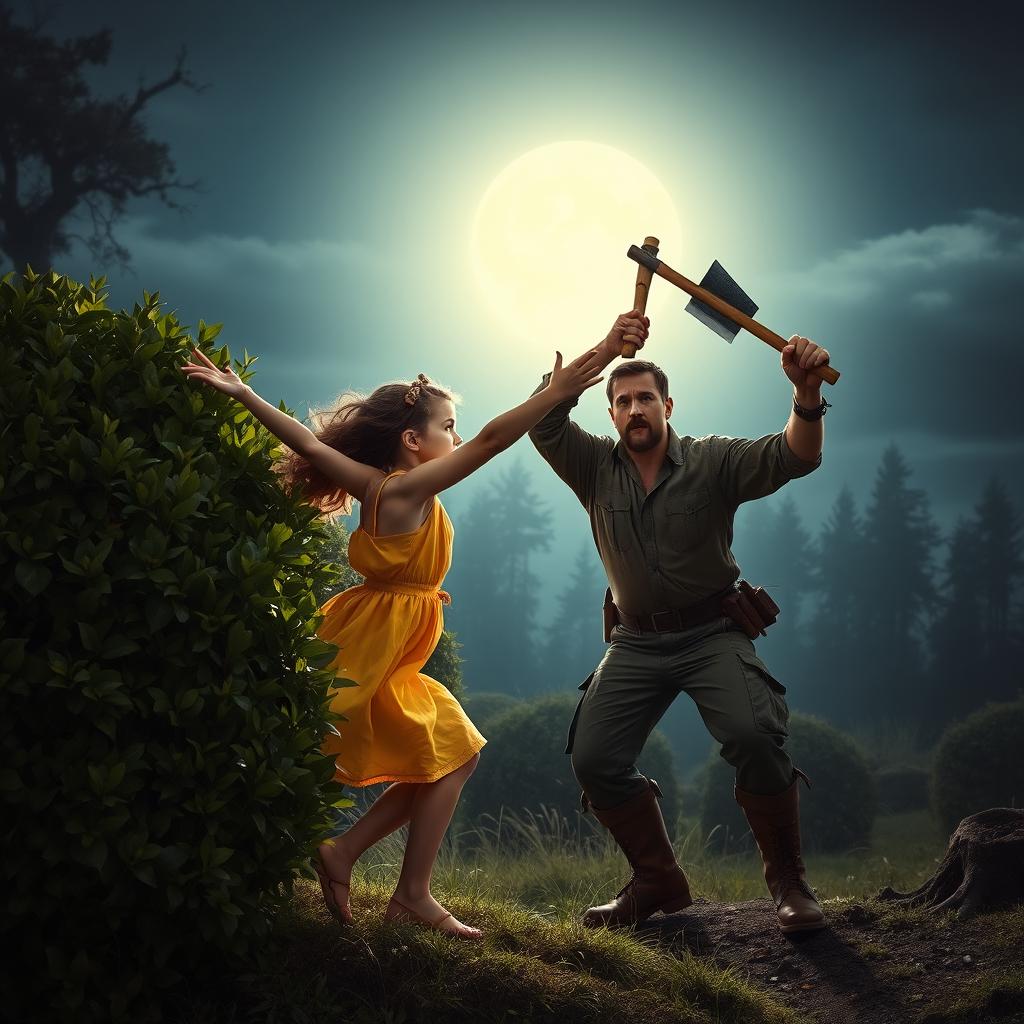 A dramatic scene featuring a girl named Lily wearing a bright yellow dress, leaping out from behind a lush bush with her arms extended outwards, aiming to block a woodcutter