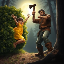 A dramatic scene featuring a girl named Lily wearing a bright yellow dress, leaping out from behind a lush bush with her arms extended outwards, aiming to block a woodcutter