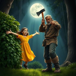 A dramatic scene where a girl named Lily, wearing a vibrant yellow dress, leaps out from behind a lush green bush with her arms stretched out in a protective gesture