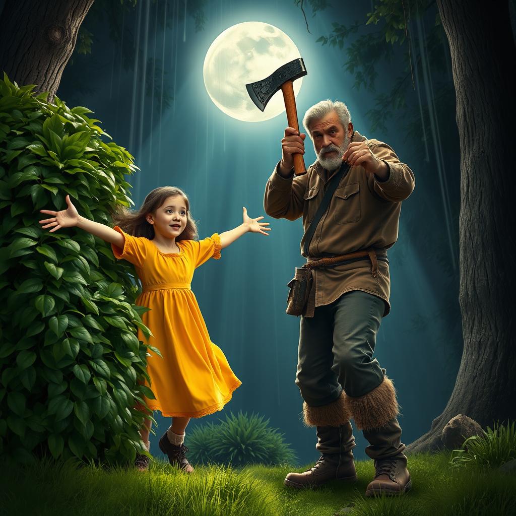 A dramatic scene where a girl named Lily, wearing a vibrant yellow dress, leaps out from behind a lush green bush with her arms stretched out in a protective gesture